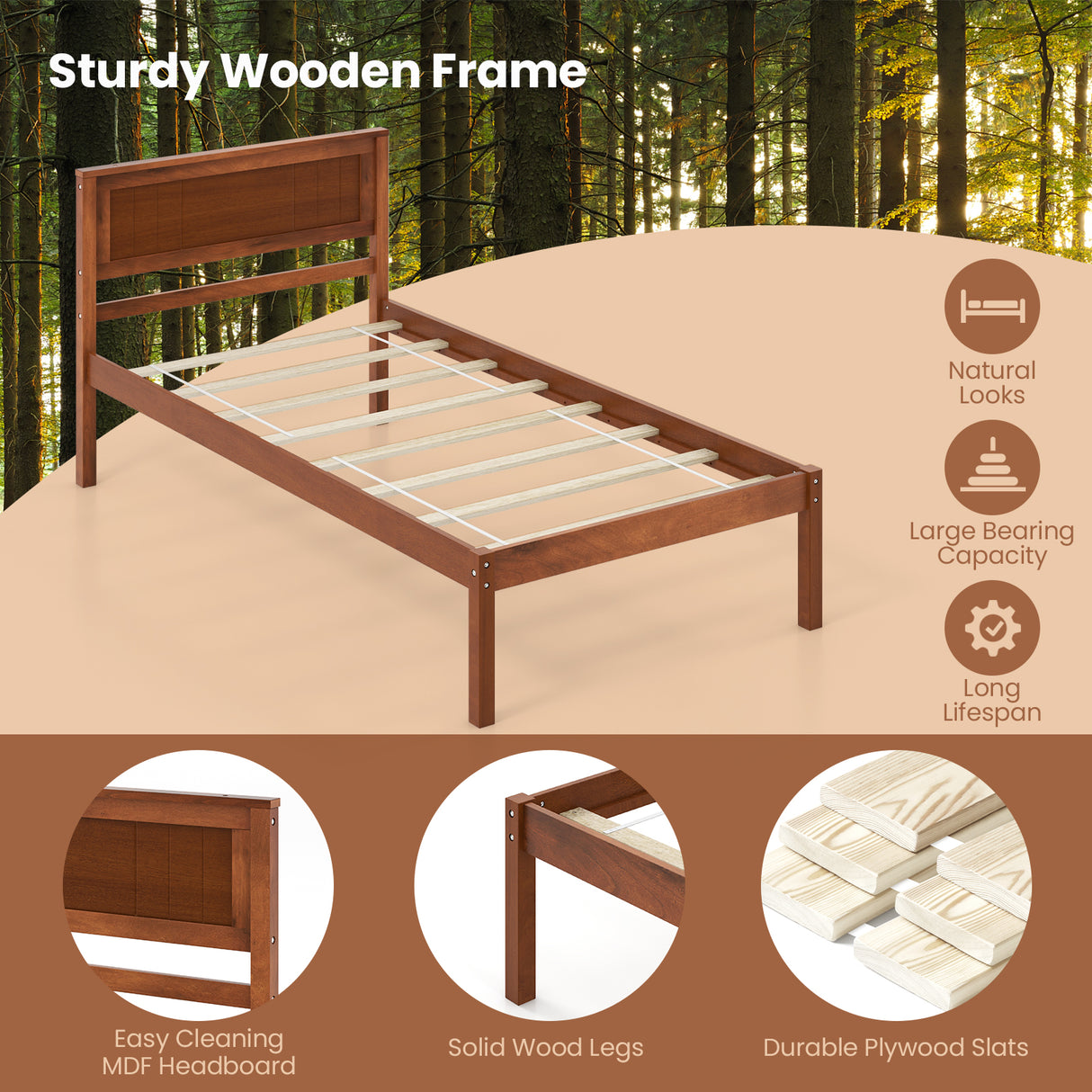 Twin/Full/Queen Size Bed Frame with Wooden Headboard and Slat Support