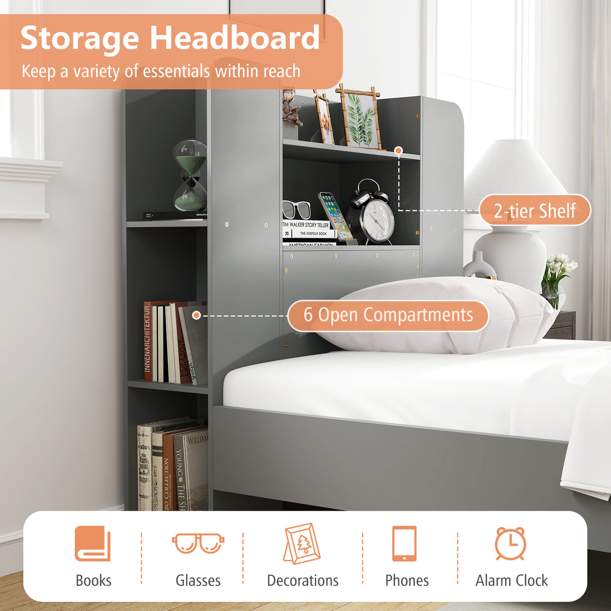 Twin Size Wooden Platform Bed Frame with Bookcase Headboard