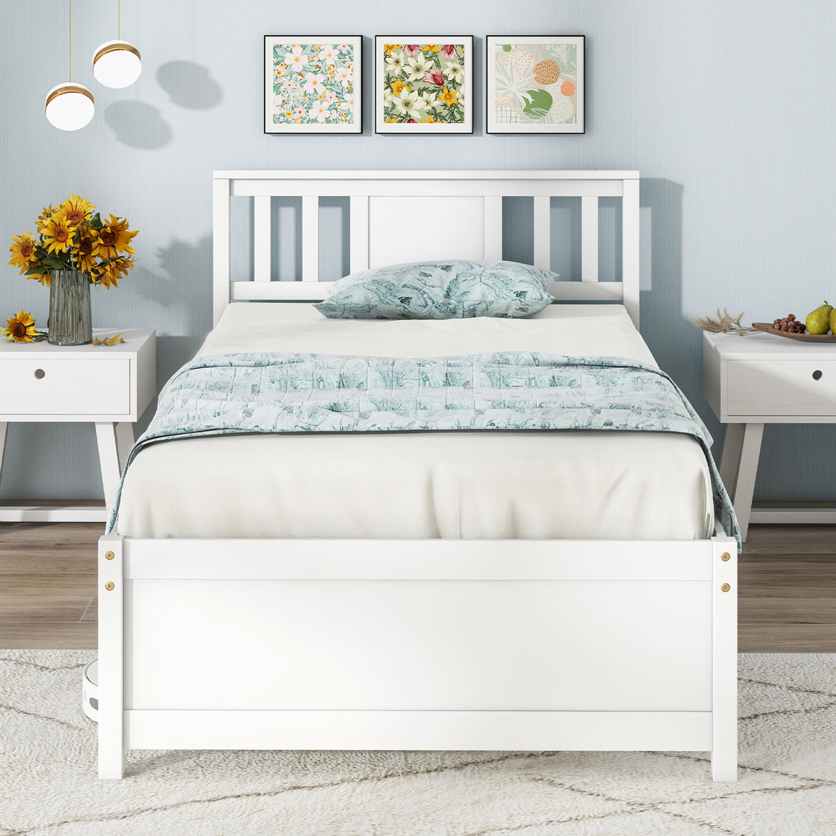 Wooden Platform Bed with Headboard and Wood Slat Support White