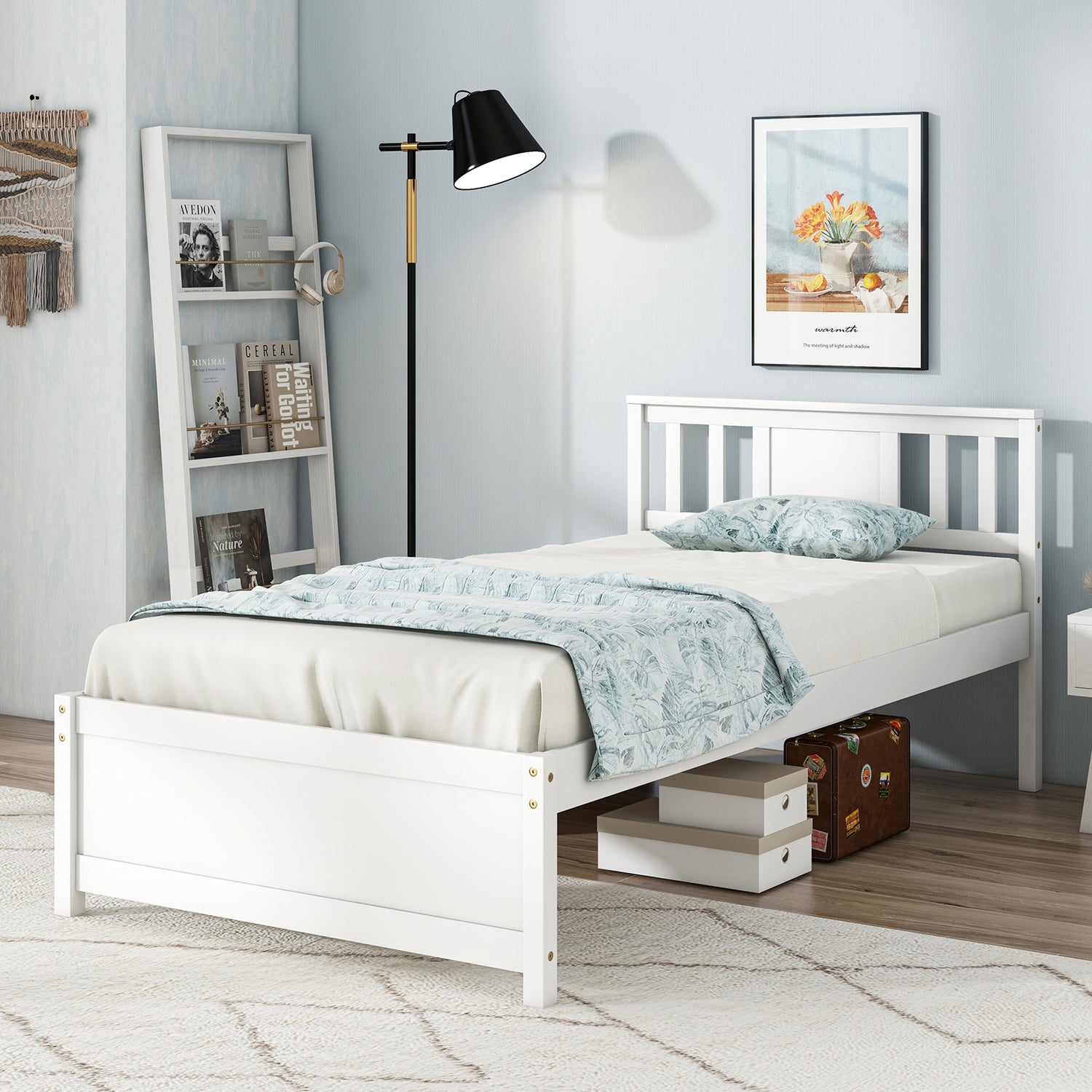 Wooden Platform Bed with Headboard and Wood Slat Support White