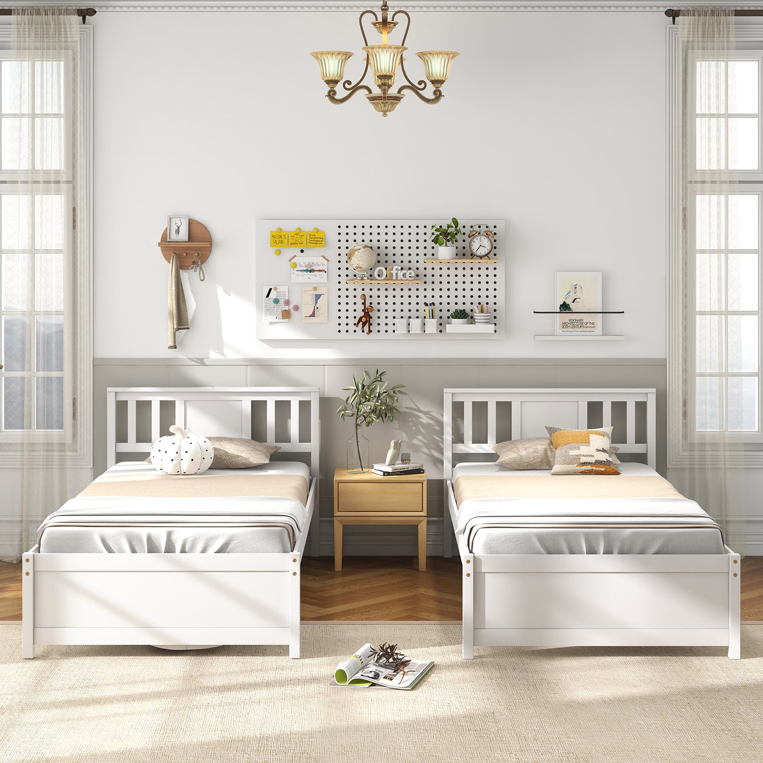 Wooden Platform Bed with Headboard and Wood Slat Support White
