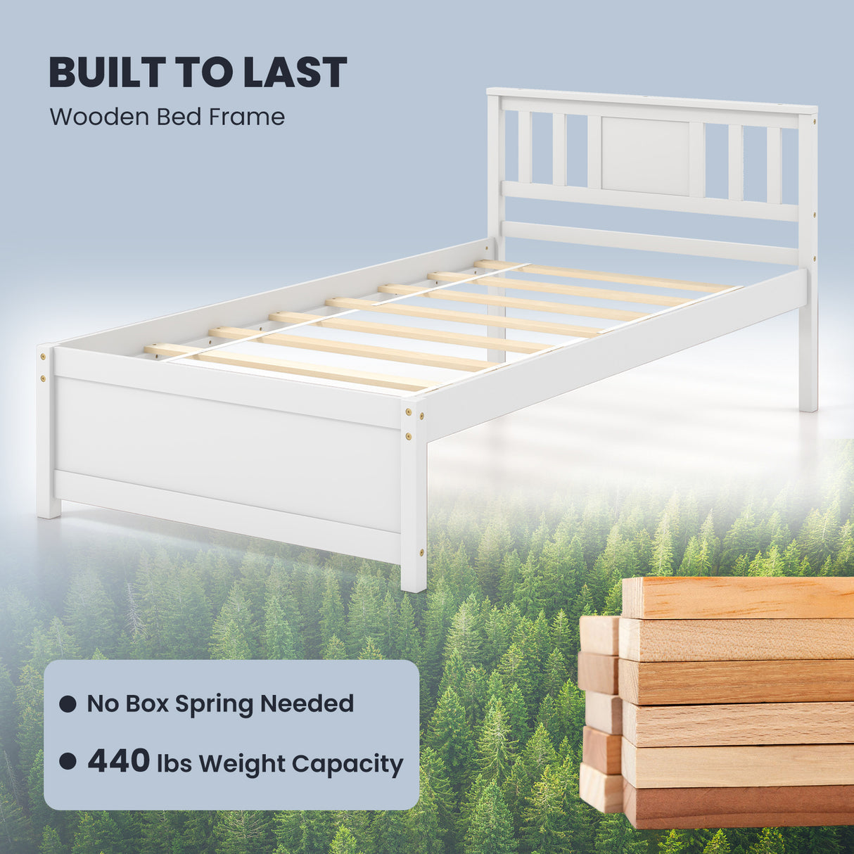 Wooden Platform Bed with Headboard and Wood Slat Support White