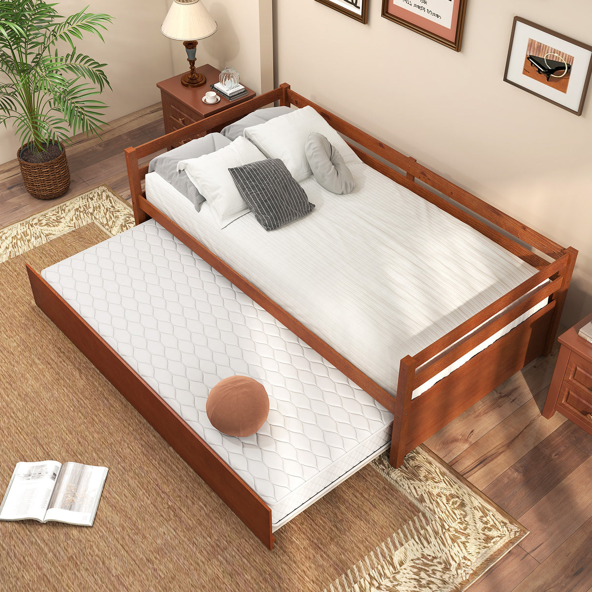 Twin Size Wooden Slat Trundle Platform