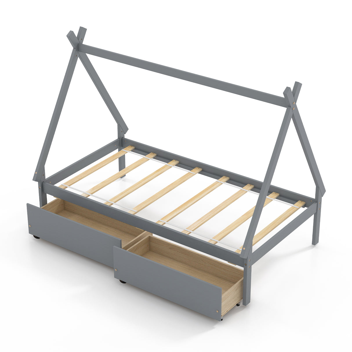 Twin Size Wooden Tent Platform House Bed with 2 Drawers