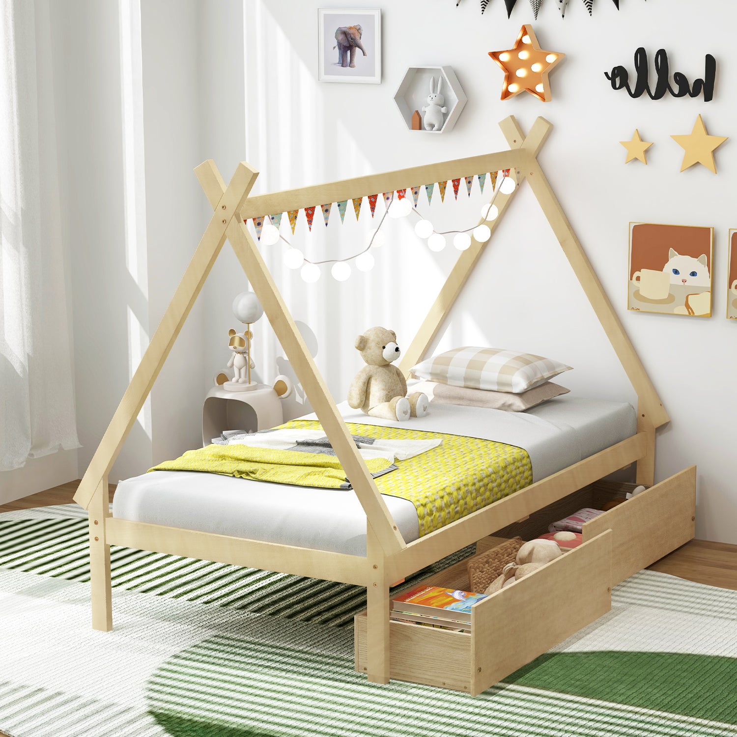 Twin Size Wooden Tent Platform House Bed with 2 Drawers