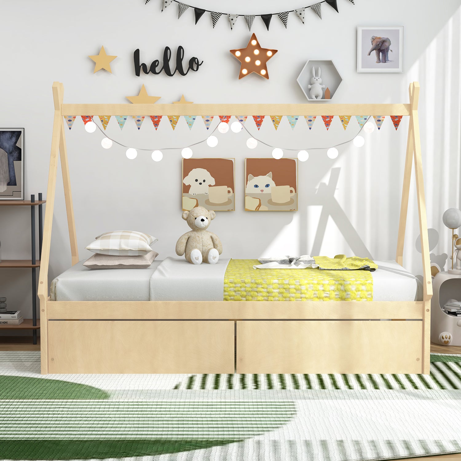 Twin Size Wooden Tent Platform House Bed with 2 Drawers