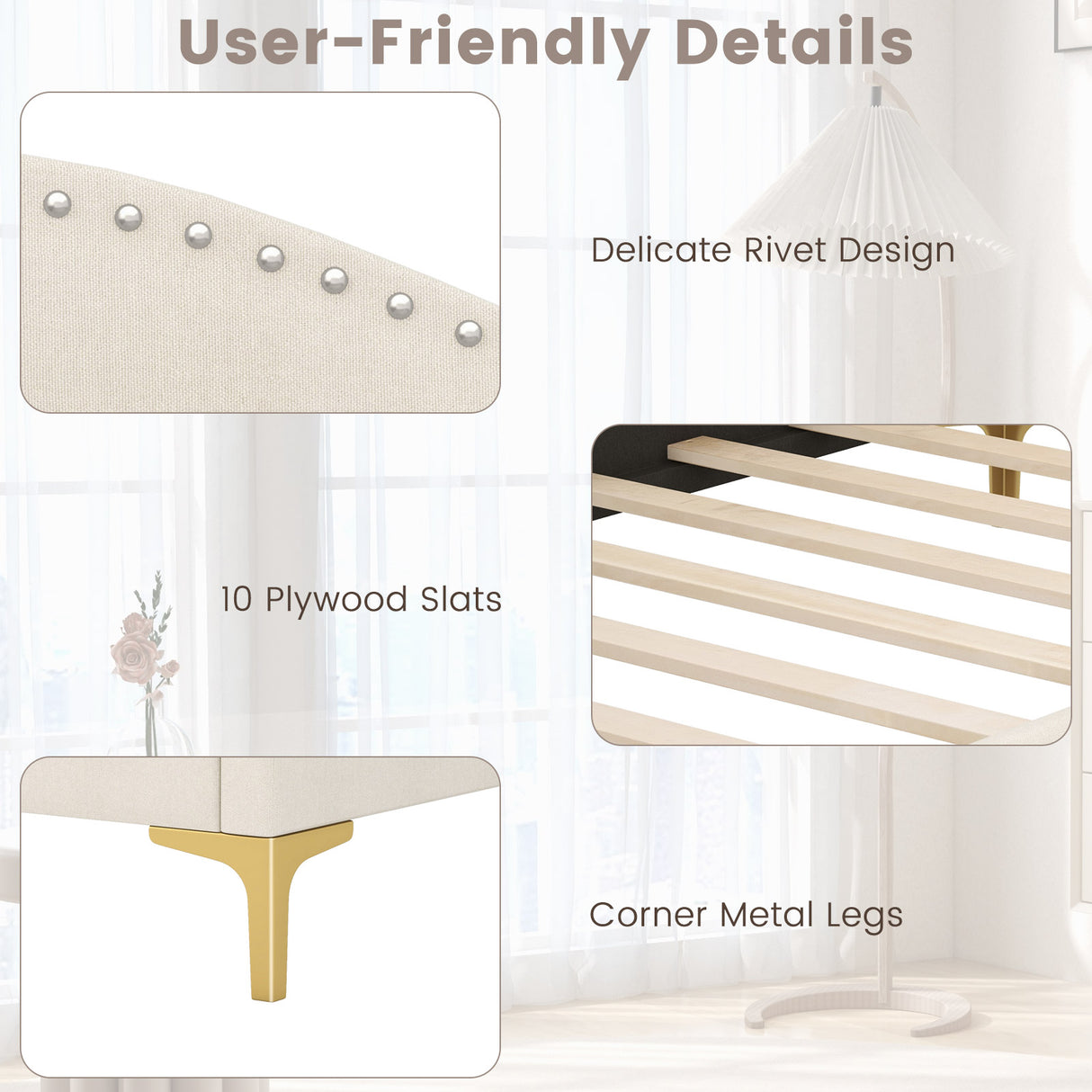 Full/Twin Size Upholstered Daybed with Metal Legs and Wood Slats