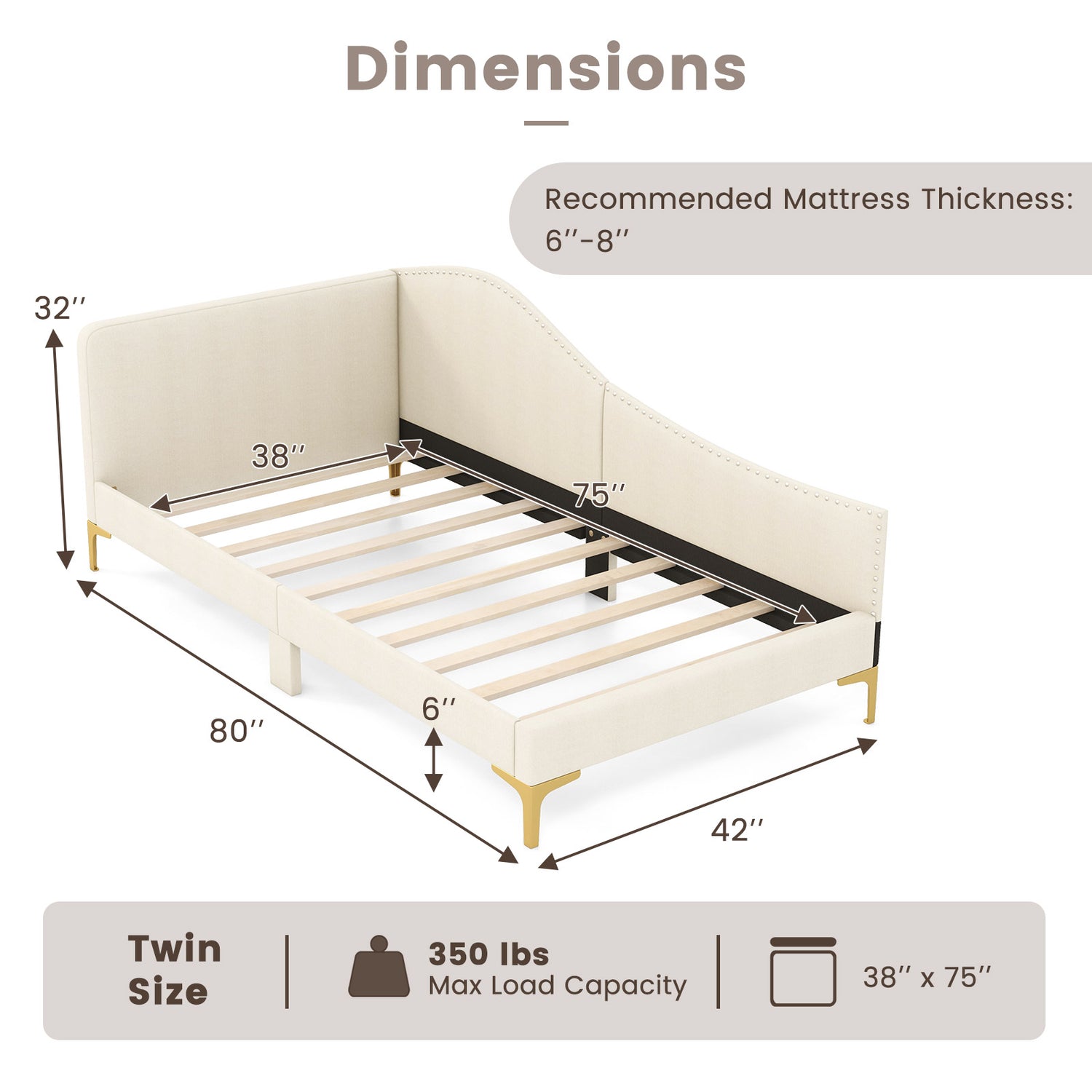 Full/Twin Size Upholstered Daybed with Metal Legs and Wood Slats