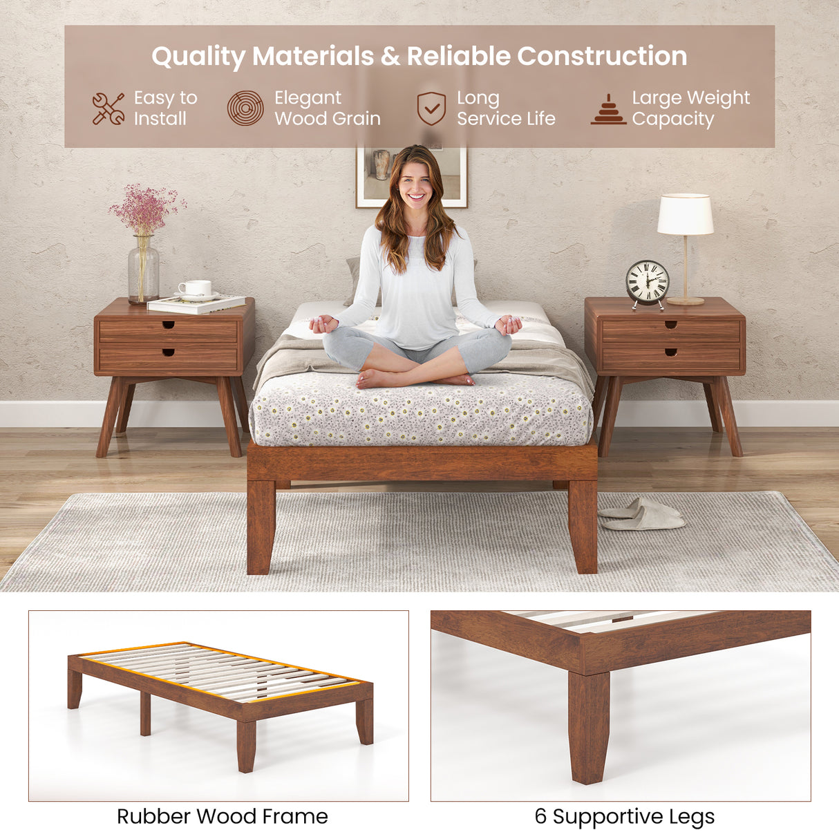 Twin Size 14 Inch Wooden Slats Bed Mattress Frame