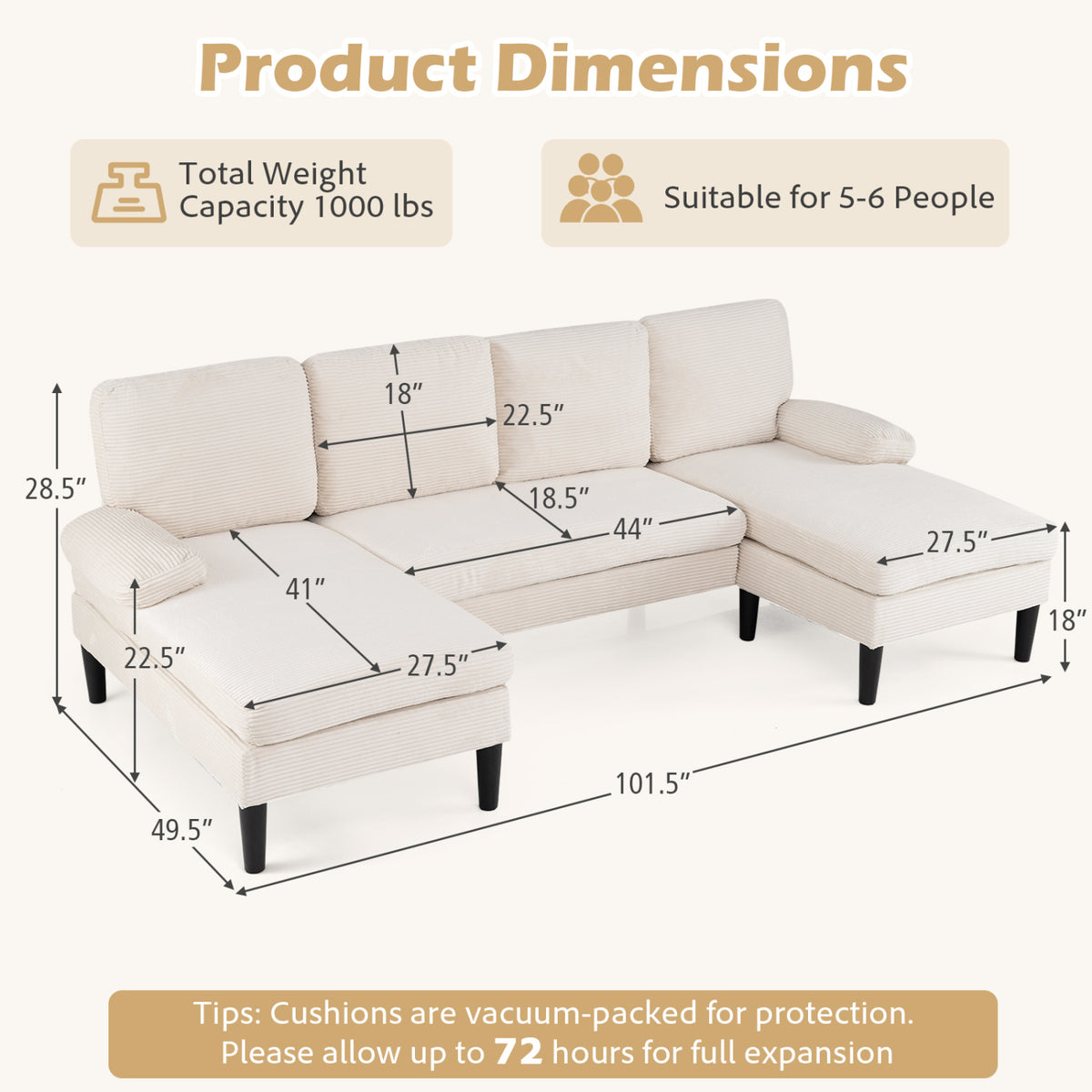 U-shaped Sectional Couch with Double Chaise for Living Room