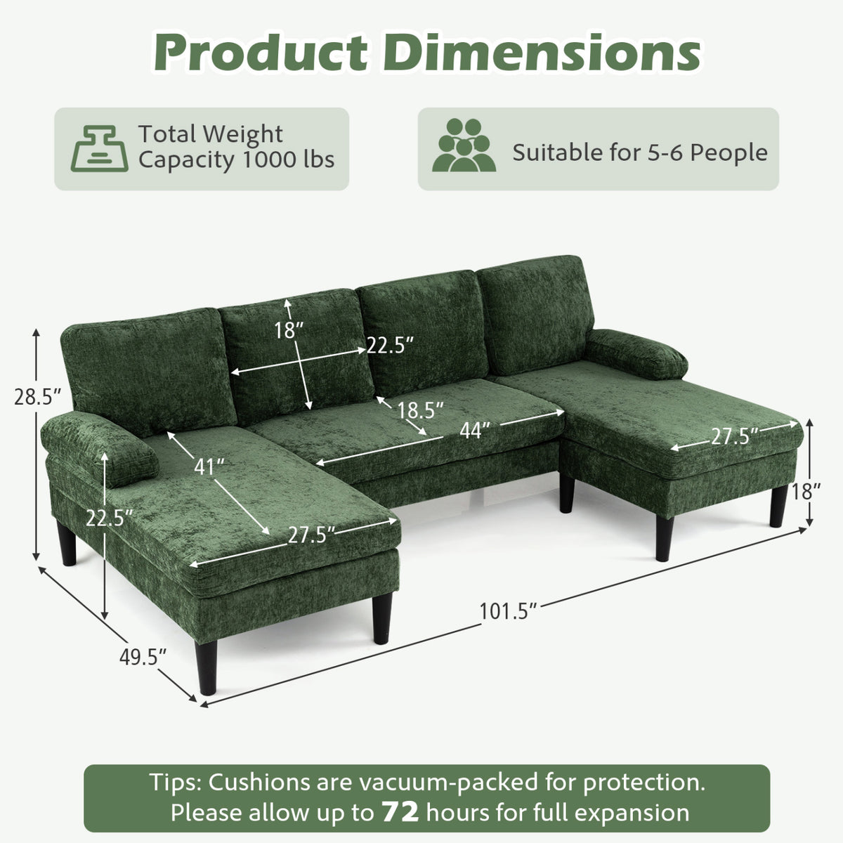 U-shaped Sectional Couch with Double Chaise for Living Room