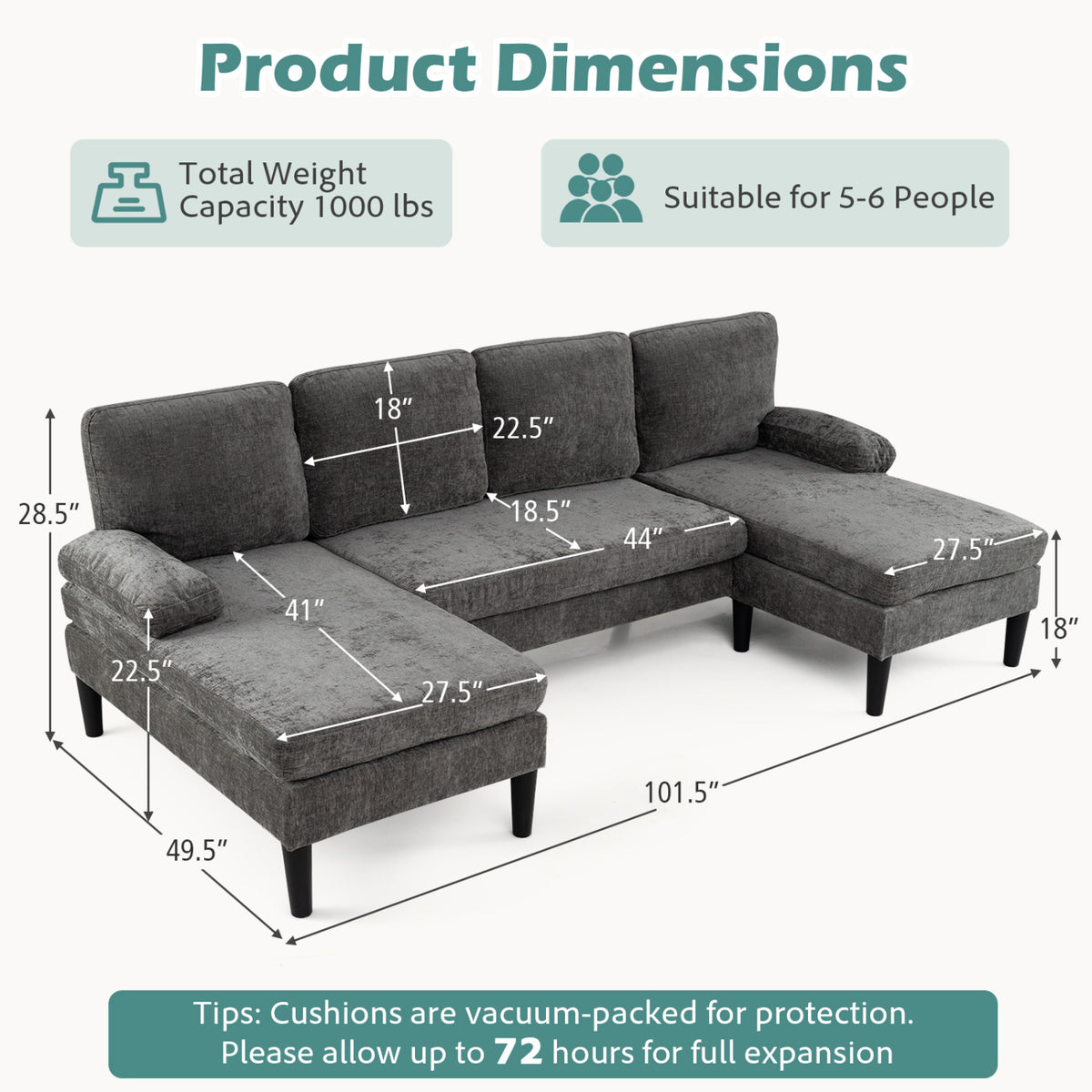 U-shaped Sectional Couch with Double Chaise for Living Room