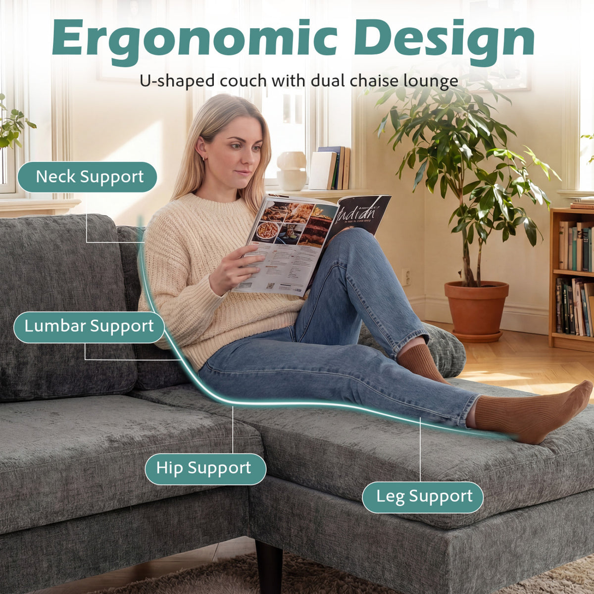 U-shaped Sectional Couch with Double Chaise for Living Room