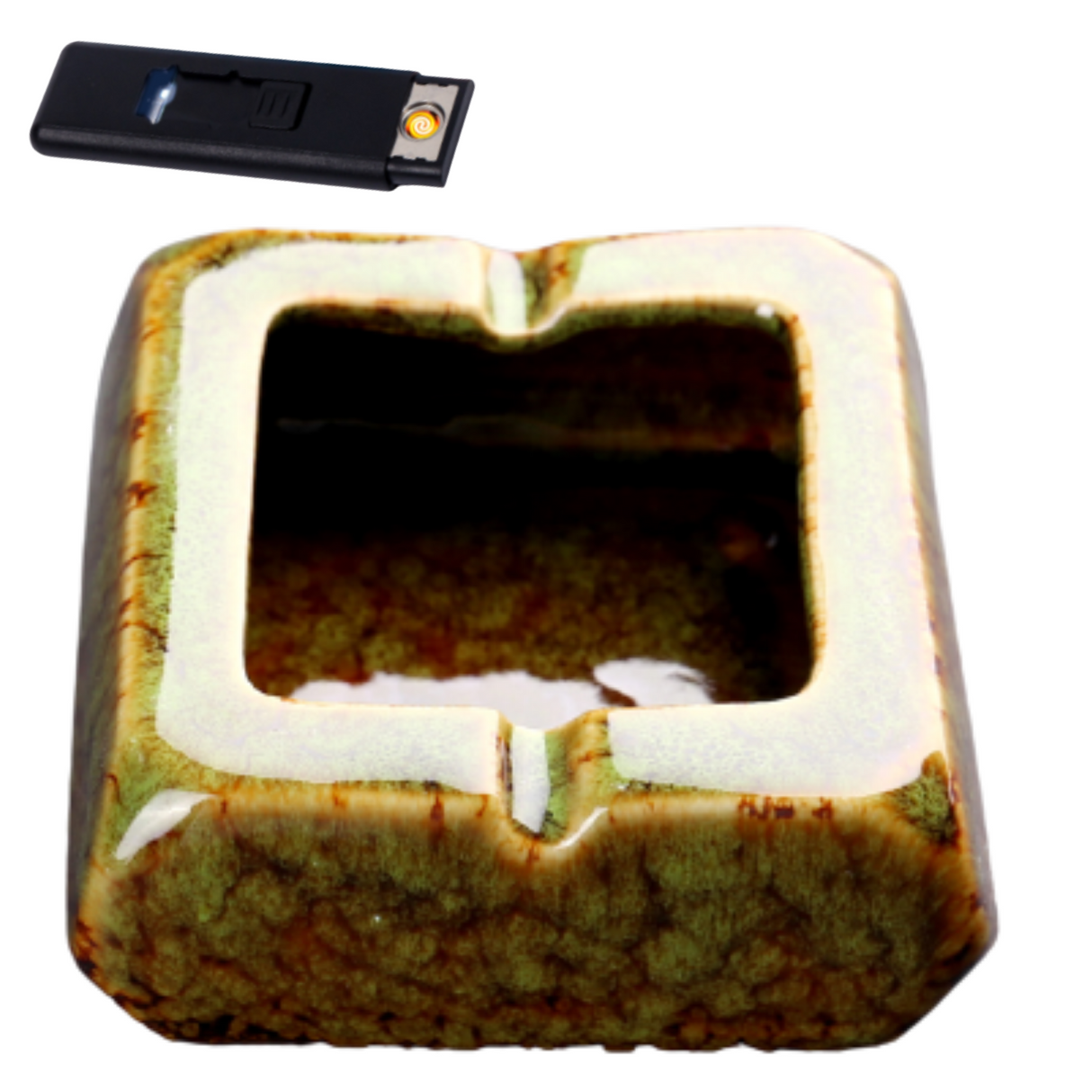 Square Glossy Ceramic Ashtray + Flameless Lighter (GREENISH)