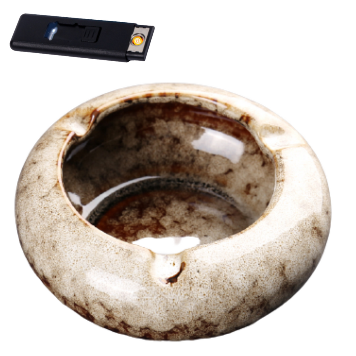 Round Glossy Ceramic Ashtrays + Flameless Lighter (WHITISH)