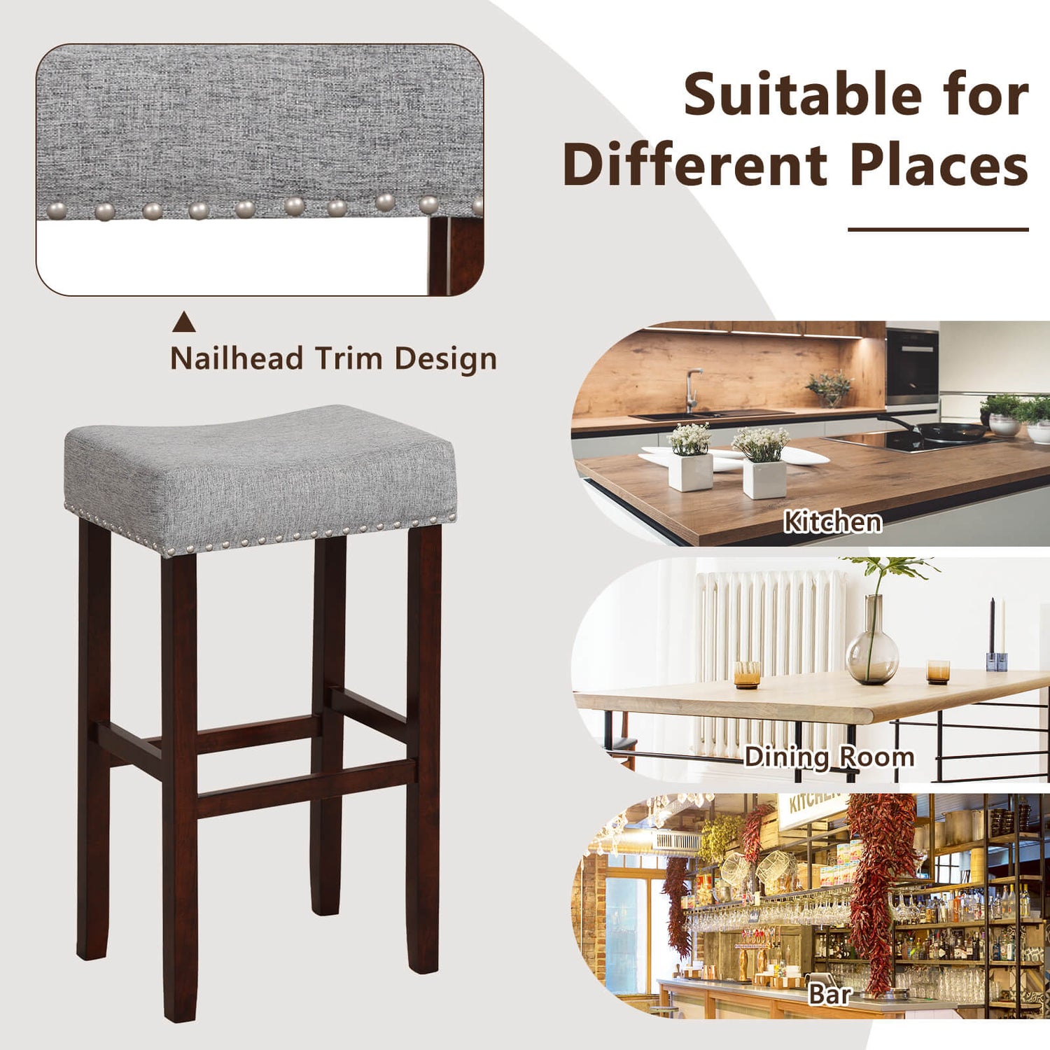 29 Inch Set of 2 Height Upholstered Bar Stool with Solid Rubber Wood Legs and Footrest