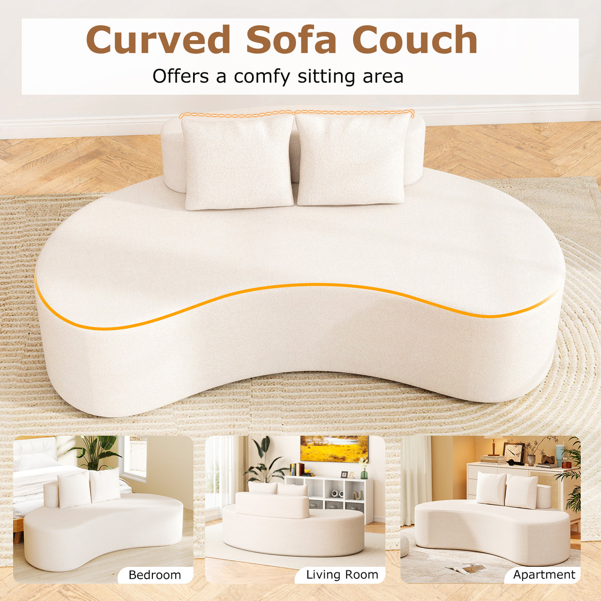 Upholstered Curved Sofa with 2 Cozy Pillows
