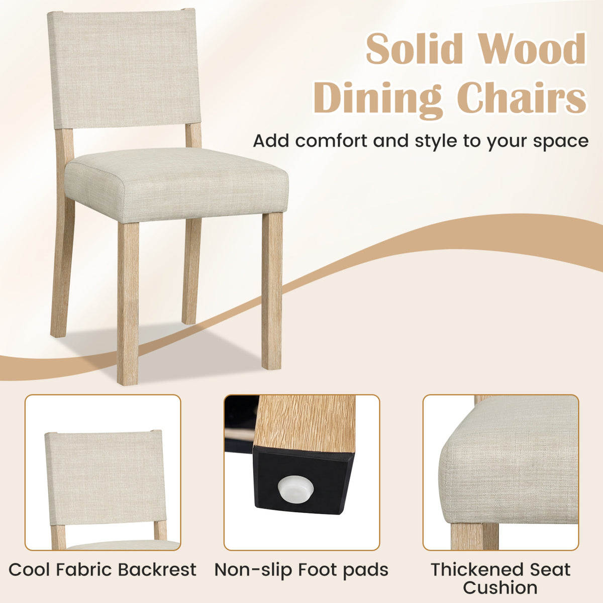 Upholstered Dining Chairs with Solid Rubber Wood Legs Set of 4-Beige