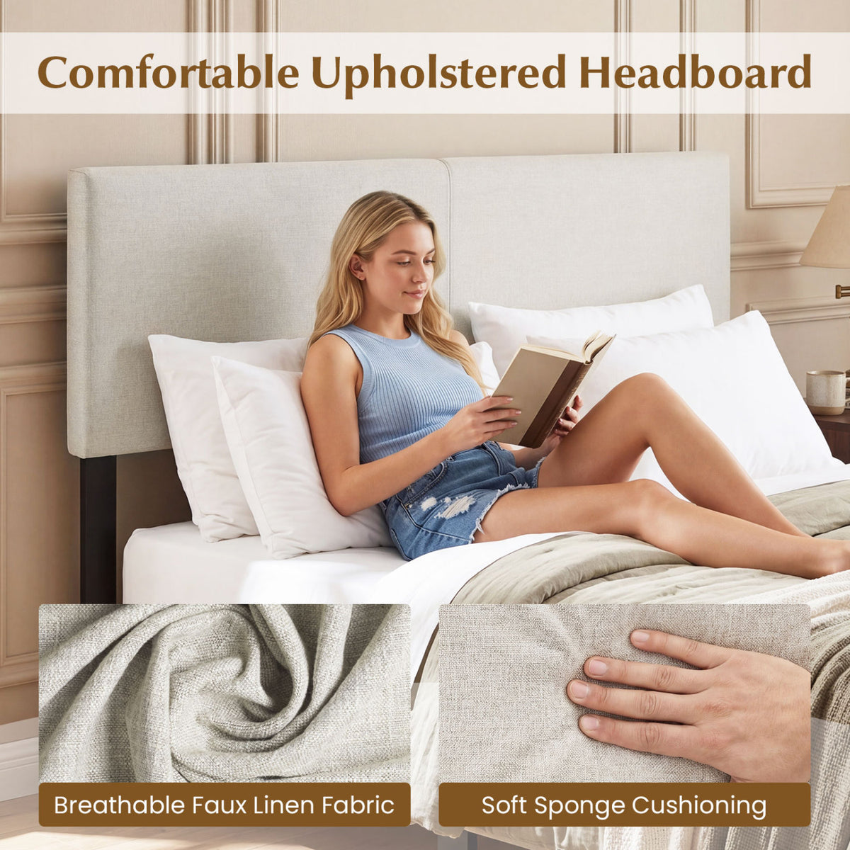 Upholstered Headboard Queen/Full Size Vertical Quilted Linen Fabric Bed Frame Mount Panel