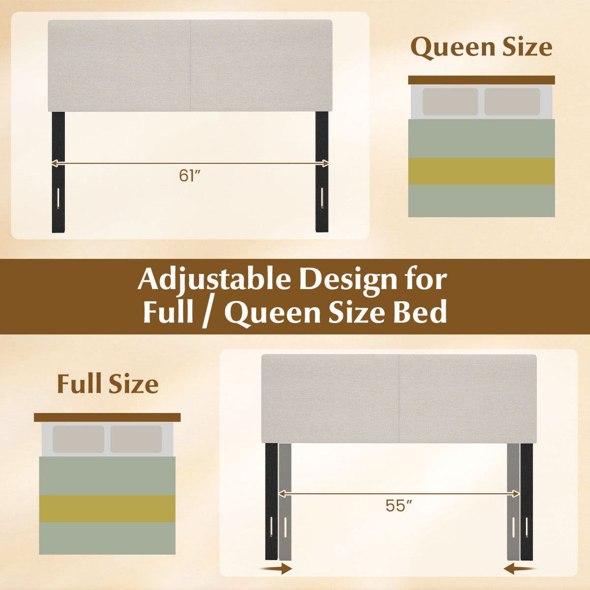 Upholstered Headboard Queen/Full Size Vertical Quilted Linen Fabric Bed Frame Mount Panel