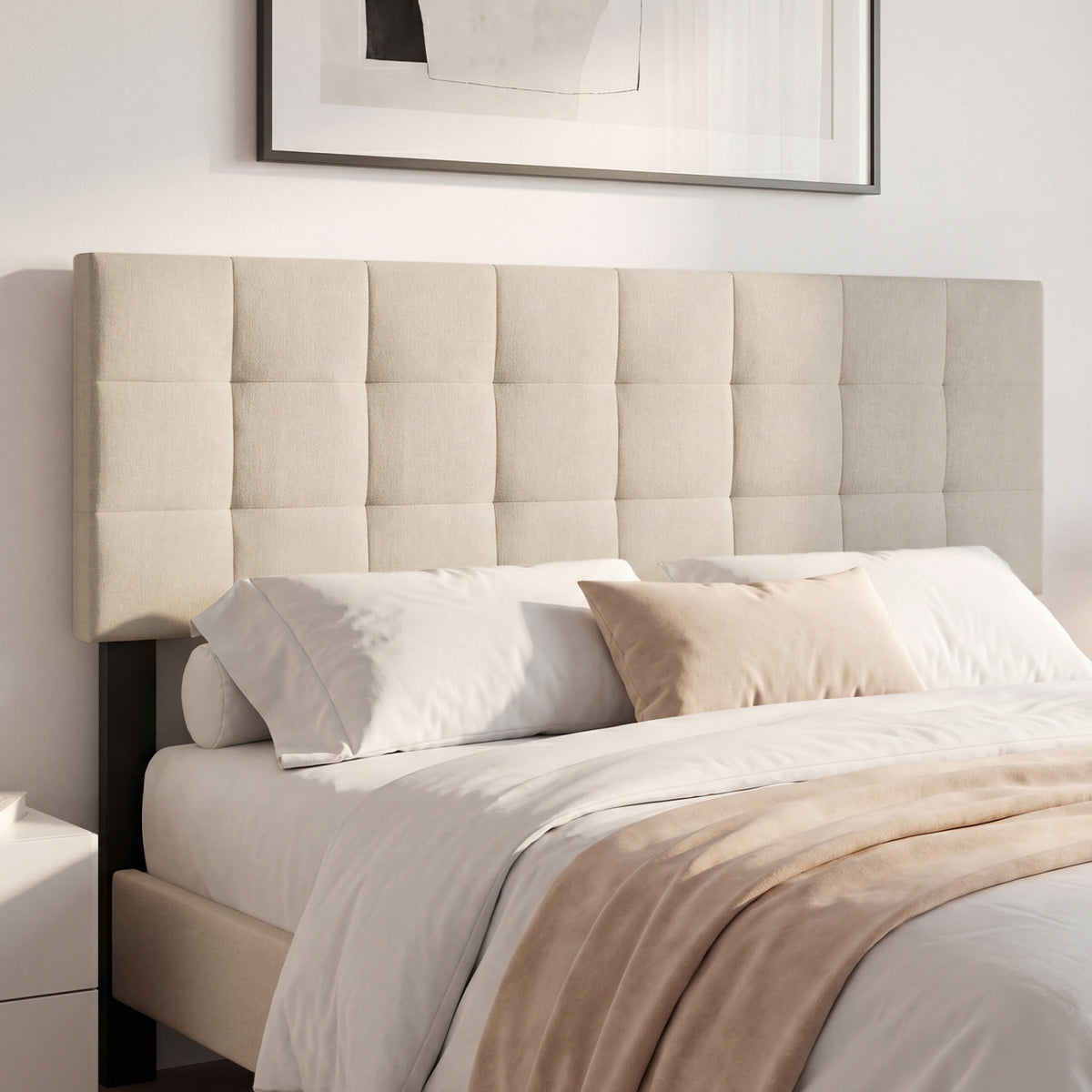 Upholstered Headboard Queen/Full Size Quilted Grid Linen Fabric Bed Frame Mount Panel