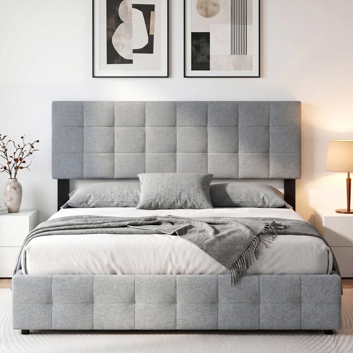Upholstered Headboard Queen/Full Size Quilted Grid Linen Fabric Bed Frame Mount Panel