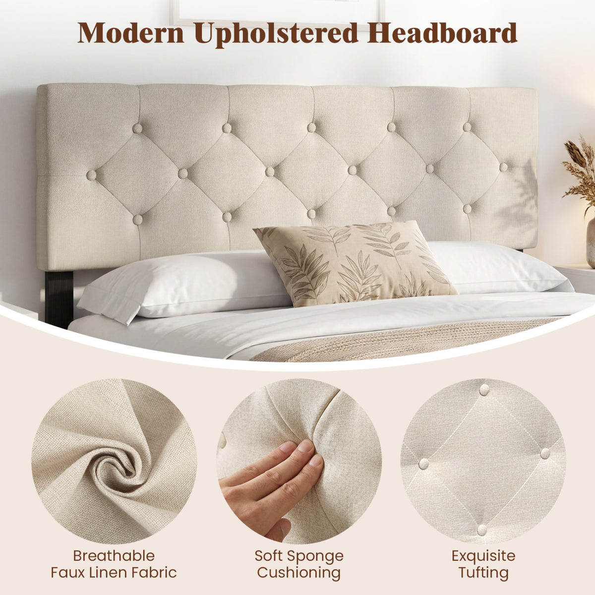 Upholstered Headboard Queen/Full Size Tufted Linen Fabric Bed Frame Mount Panel