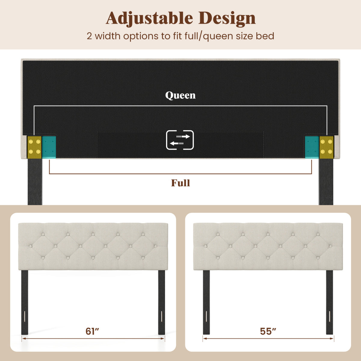 Upholstered Headboard Queen/Full Size Tufted Linen Fabric Bed Frame Mount Panel