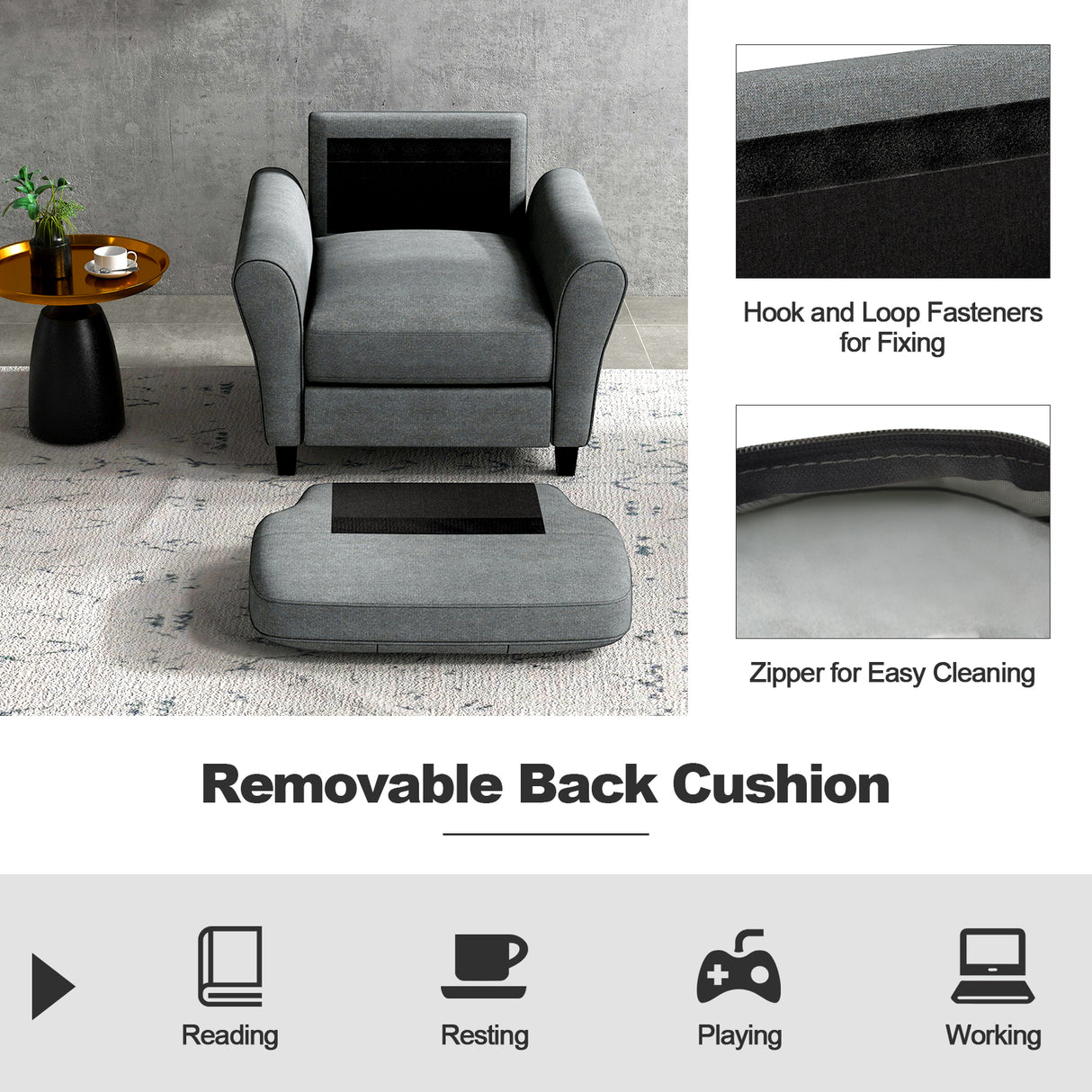 Modern Upholstered Accent Chair with Rubber Wood Legs-Gray