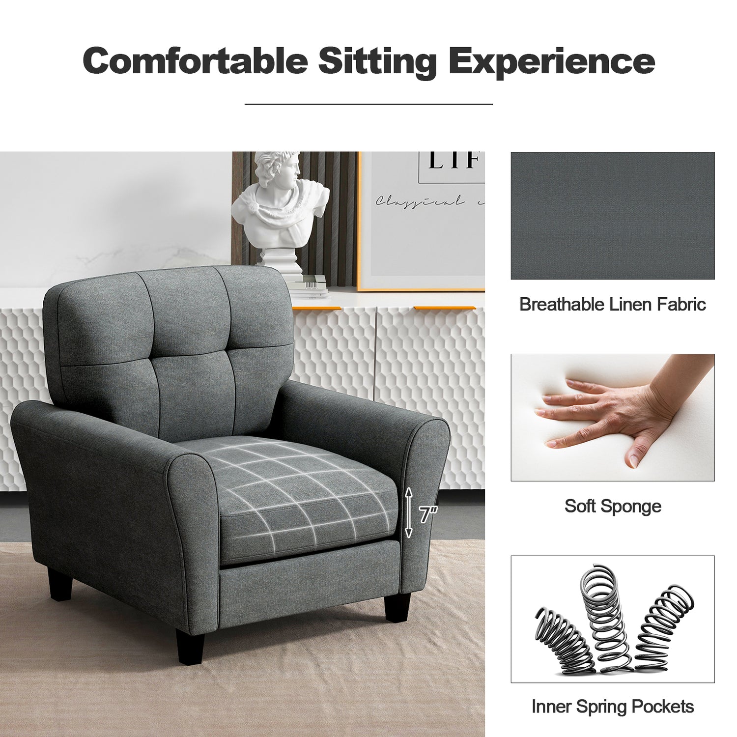 Modern Upholstered Accent Chair with Rubber Wood Legs-Gray