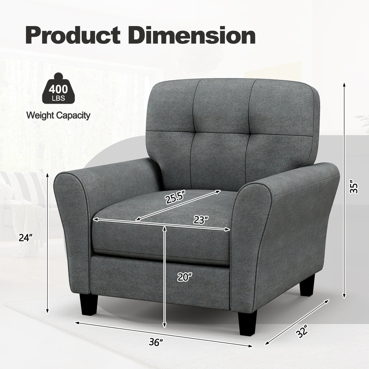 Modern Upholstered Accent Chair with Rubber Wood Legs-Gray