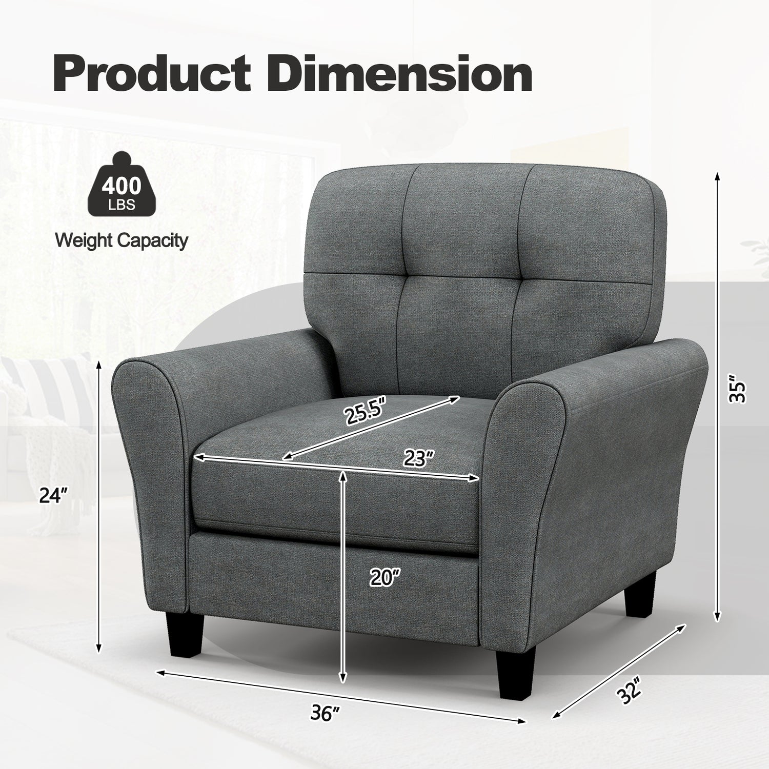 Modern Upholstered Accent Chair with Rubber Wood Legs-Gray