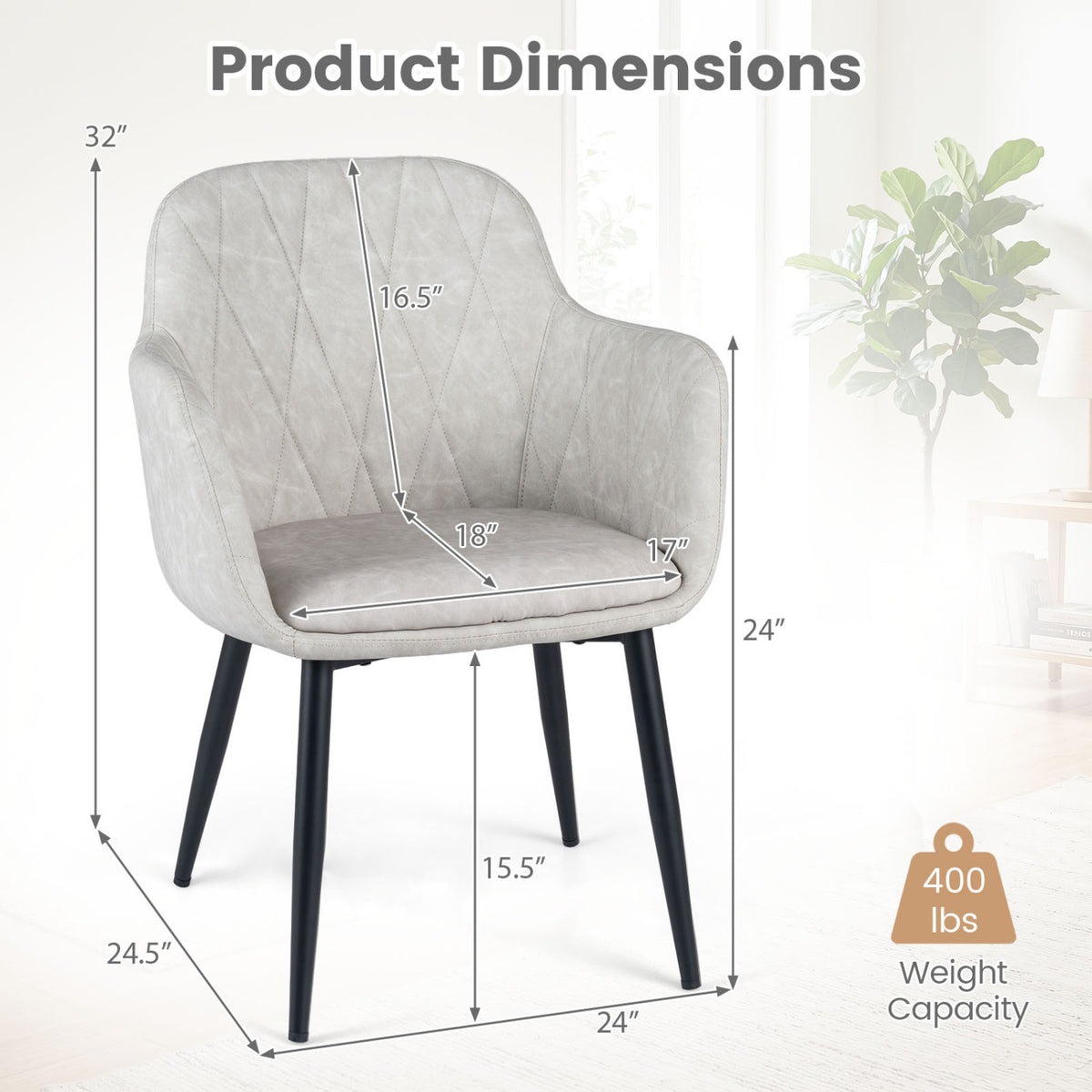 Upholstered PU Leather Kitchen Chairs Set of 2 with Curved Back and Wide Seat