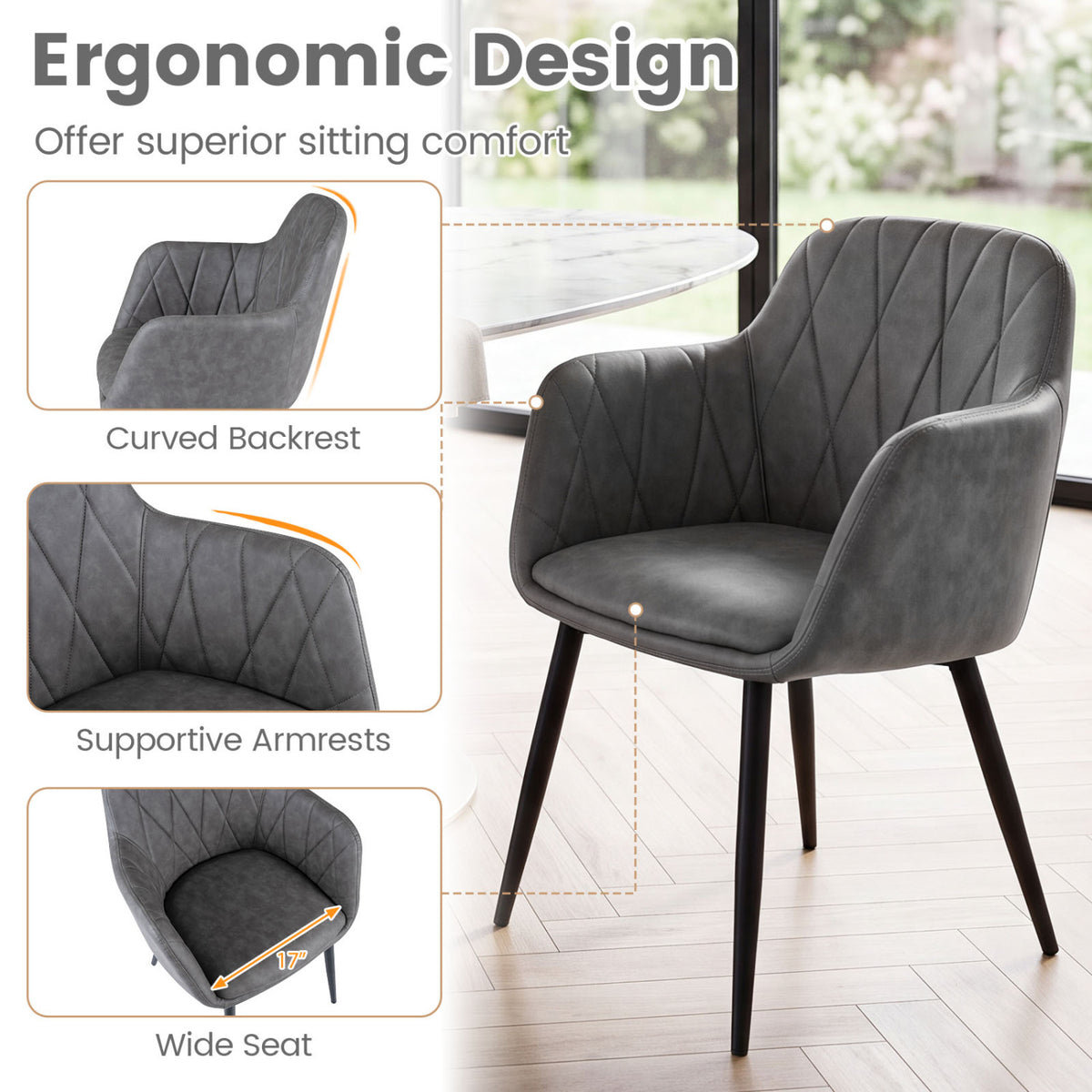 Upholstered PU Leather Kitchen Chairs Set of 2 with Curved Back and Wide Seat