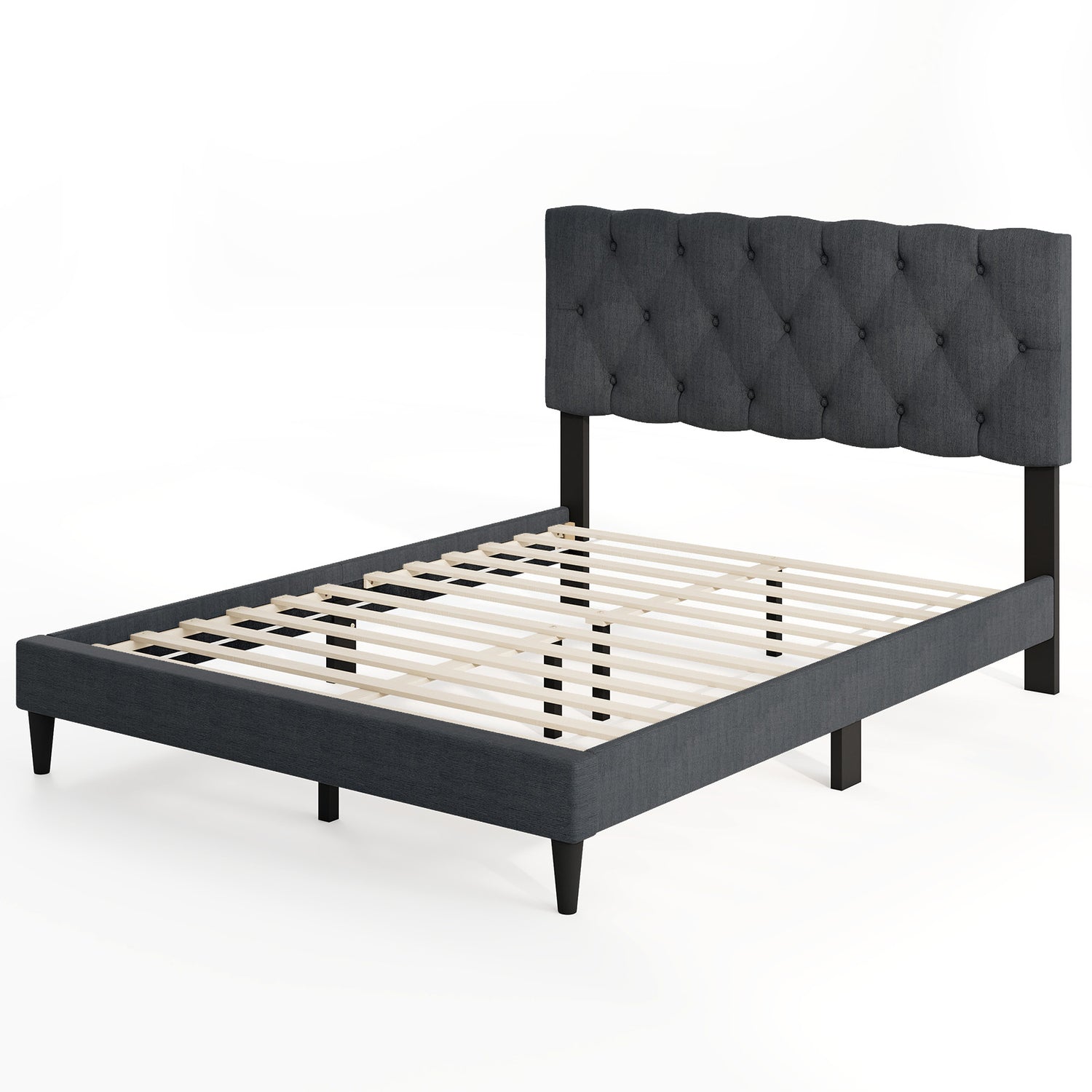Upholstered Platform Bed with Tufted Headboard and Wooden Slats Gray