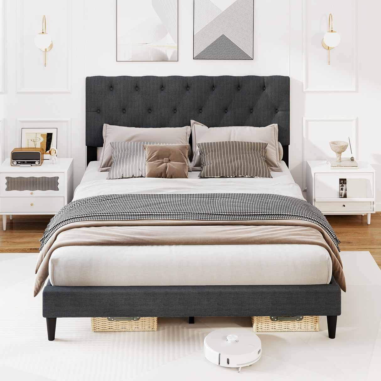 Upholstered Platform Bed with Tufted Headboard and Wooden Slats Gray
