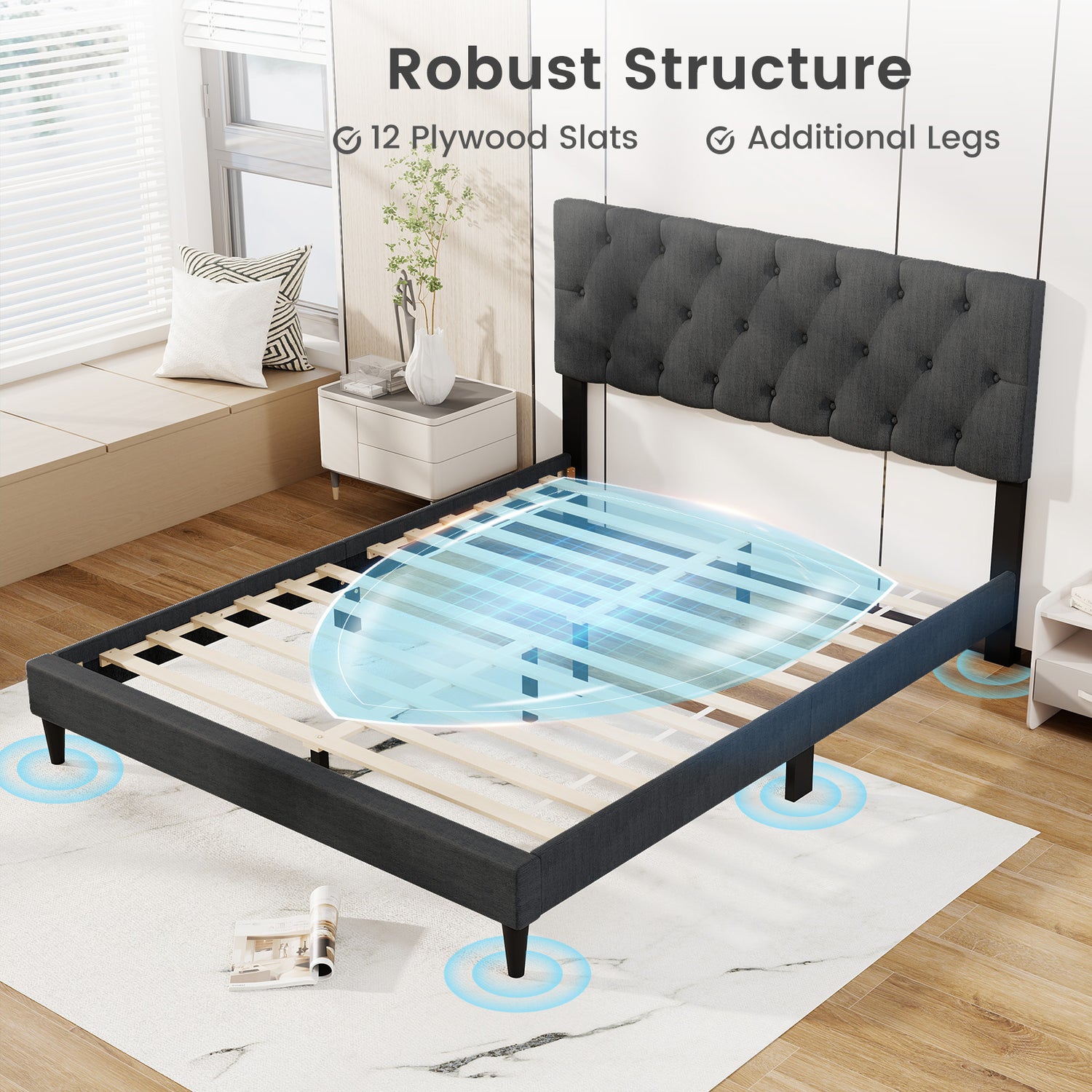 Upholstered Platform Bed with Tufted Headboard and Wooden Slats Gray