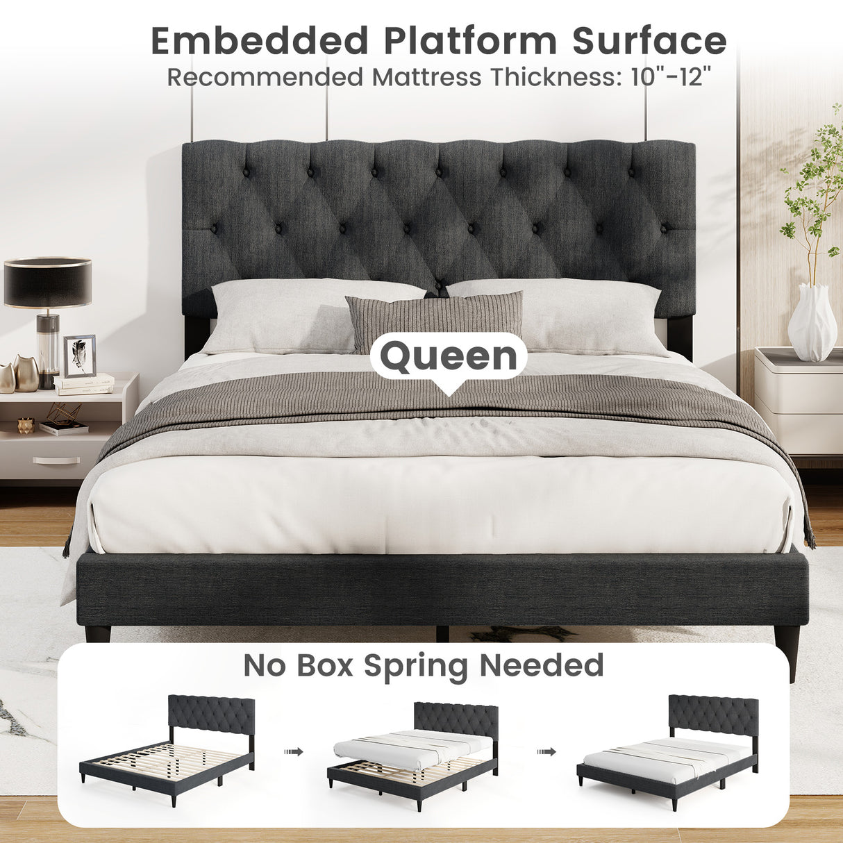 Upholstered Platform Bed with Tufted Headboard and Wooden Slats Gray