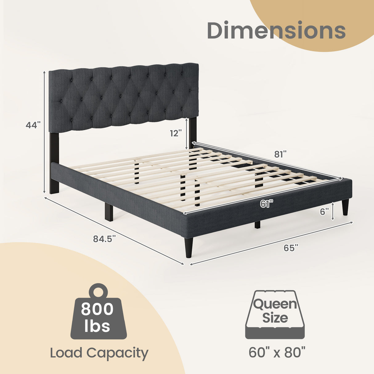 Upholstered Platform Bed with Tufted Headboard and Wooden Slats Gray