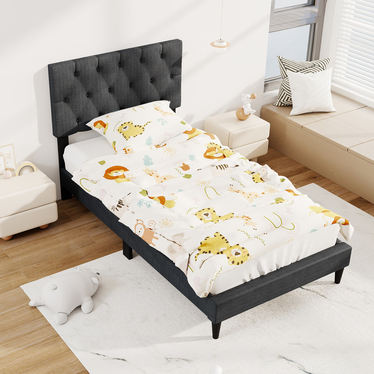 Upholstered Platform Bed with Tufted Headboard and Wooden Slats Gray