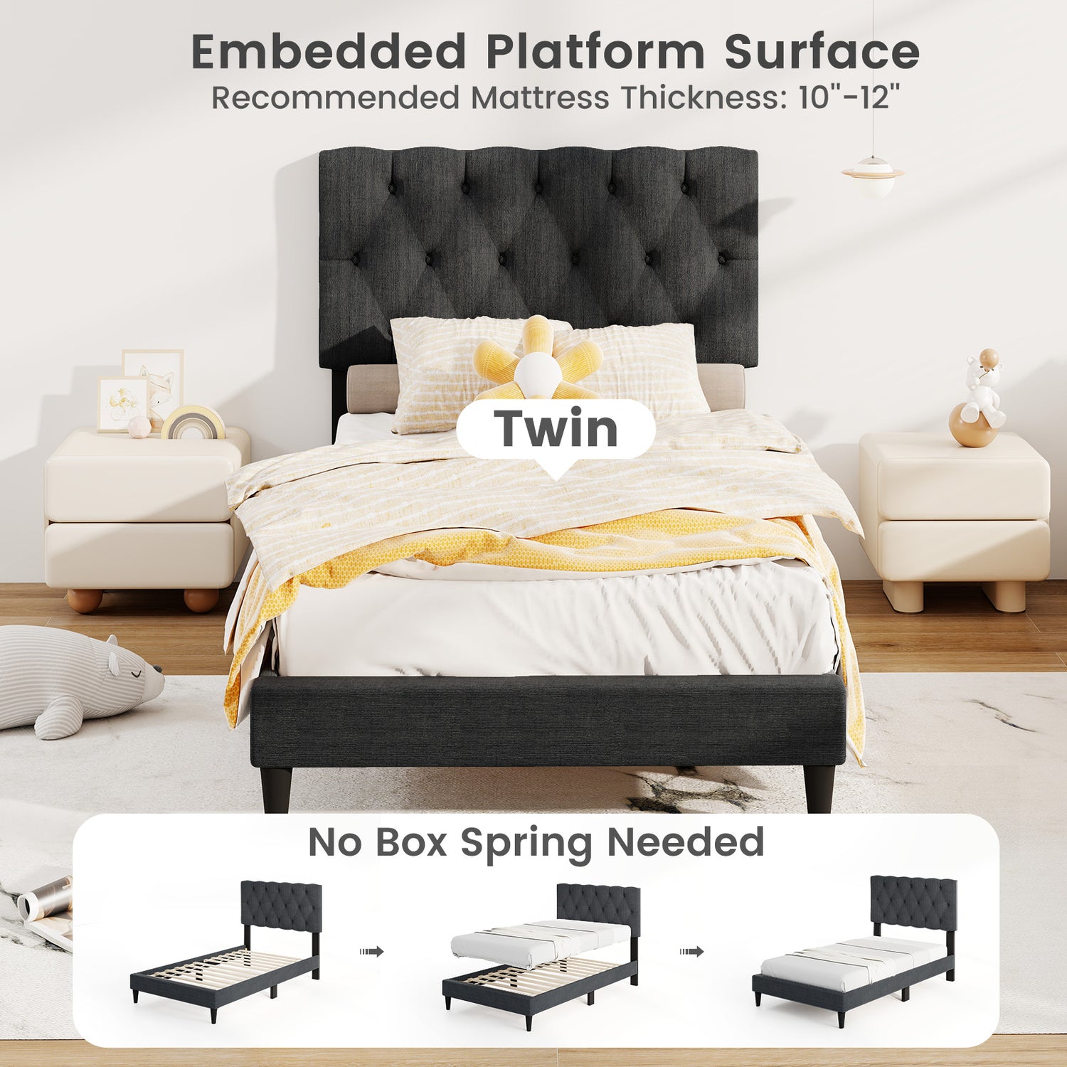 Upholstered Platform Bed with Tufted Headboard and Wooden Slats Gray