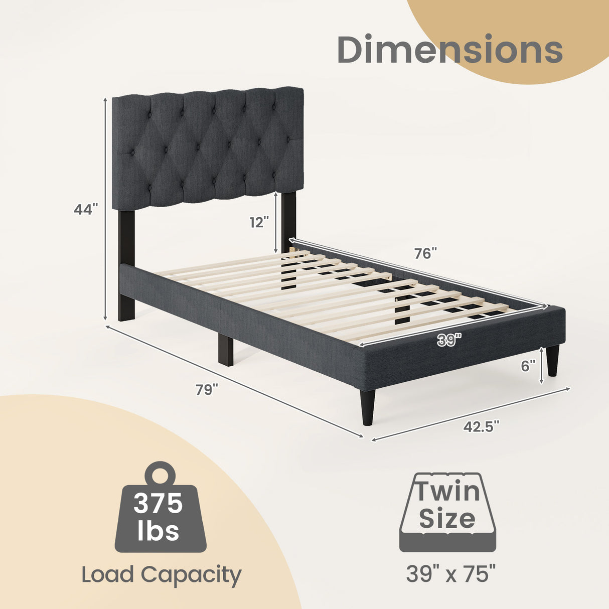 Upholstered Platform Bed with Tufted Headboard and Wooden Slats Gray