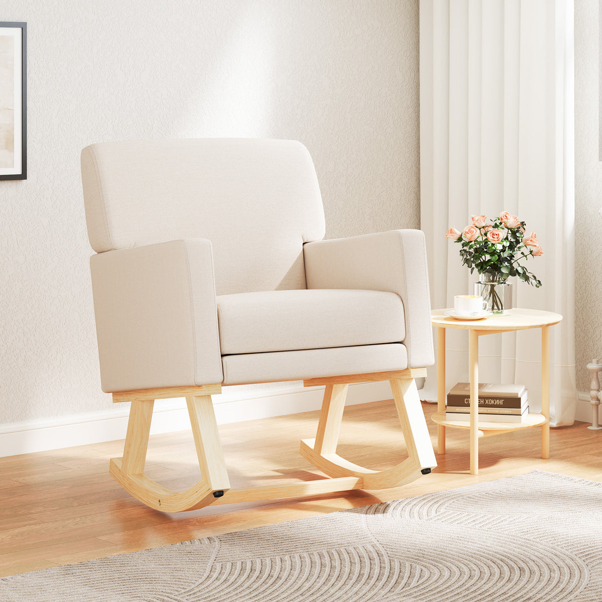 Upholstered Rocking Chair with and Solid Wood Base – Moogdesk