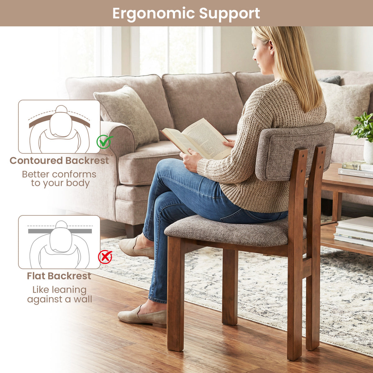 Upholstered Rubber Wood Dining Chairs Set of 4 with Curved Backrest-Walnut