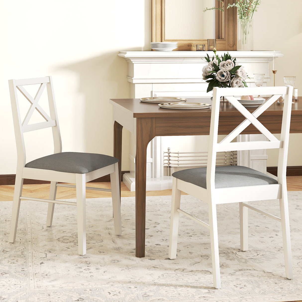 Upholstered Side Dining Chairs Set of 2 with Rubber Wood Frame