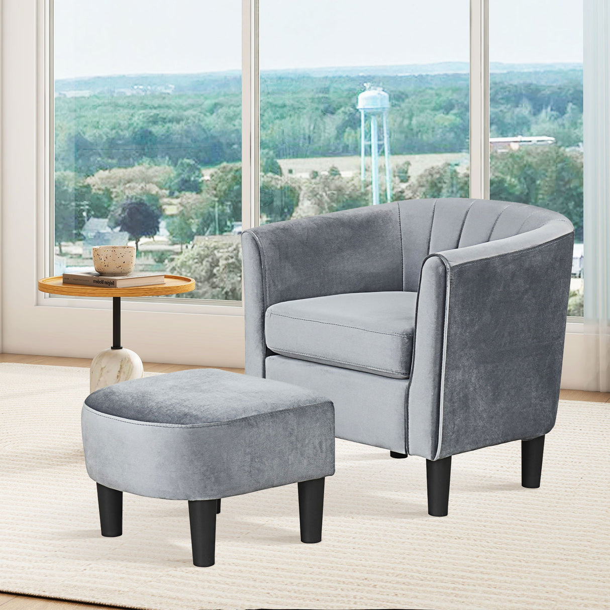 Upholstered Teddy Velvet Club Barrel Chair with Ottoman with Footrest