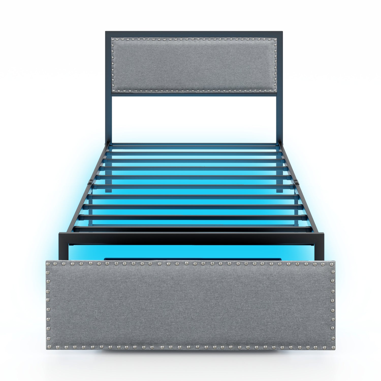 Full/Queen/Twin Size Bed Frame with LED Lights Drawer and Metal Slats