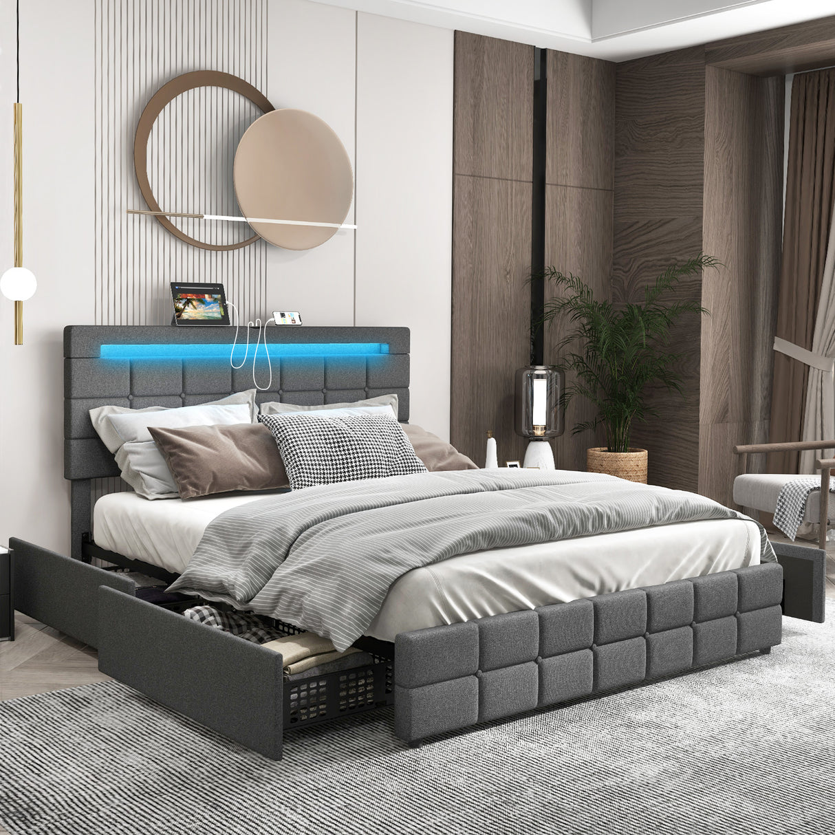 Upholstered Queen LED Bed Frame with Headboard and 4 Drawers