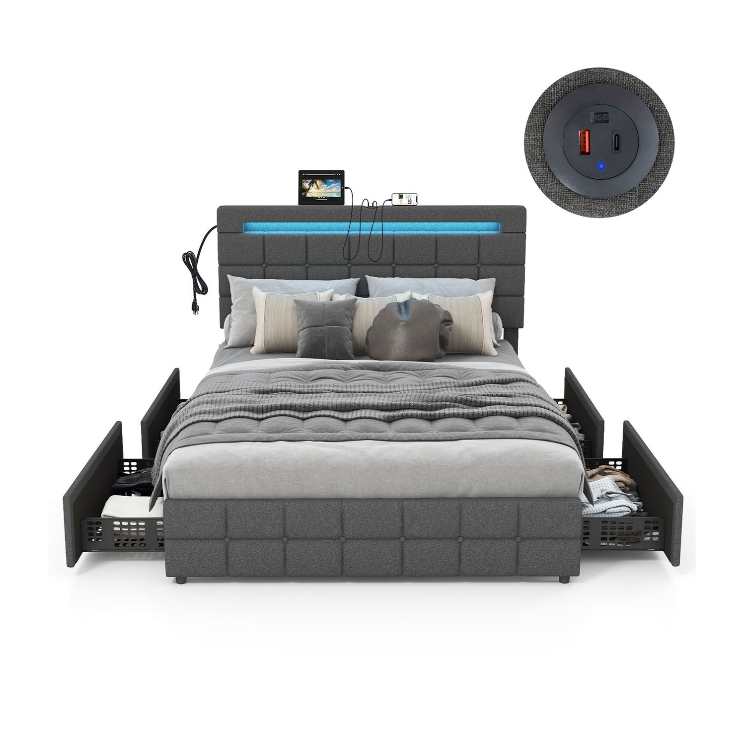 Upholstered Queen LED Bed Frame with Headboard and 4 Drawers
