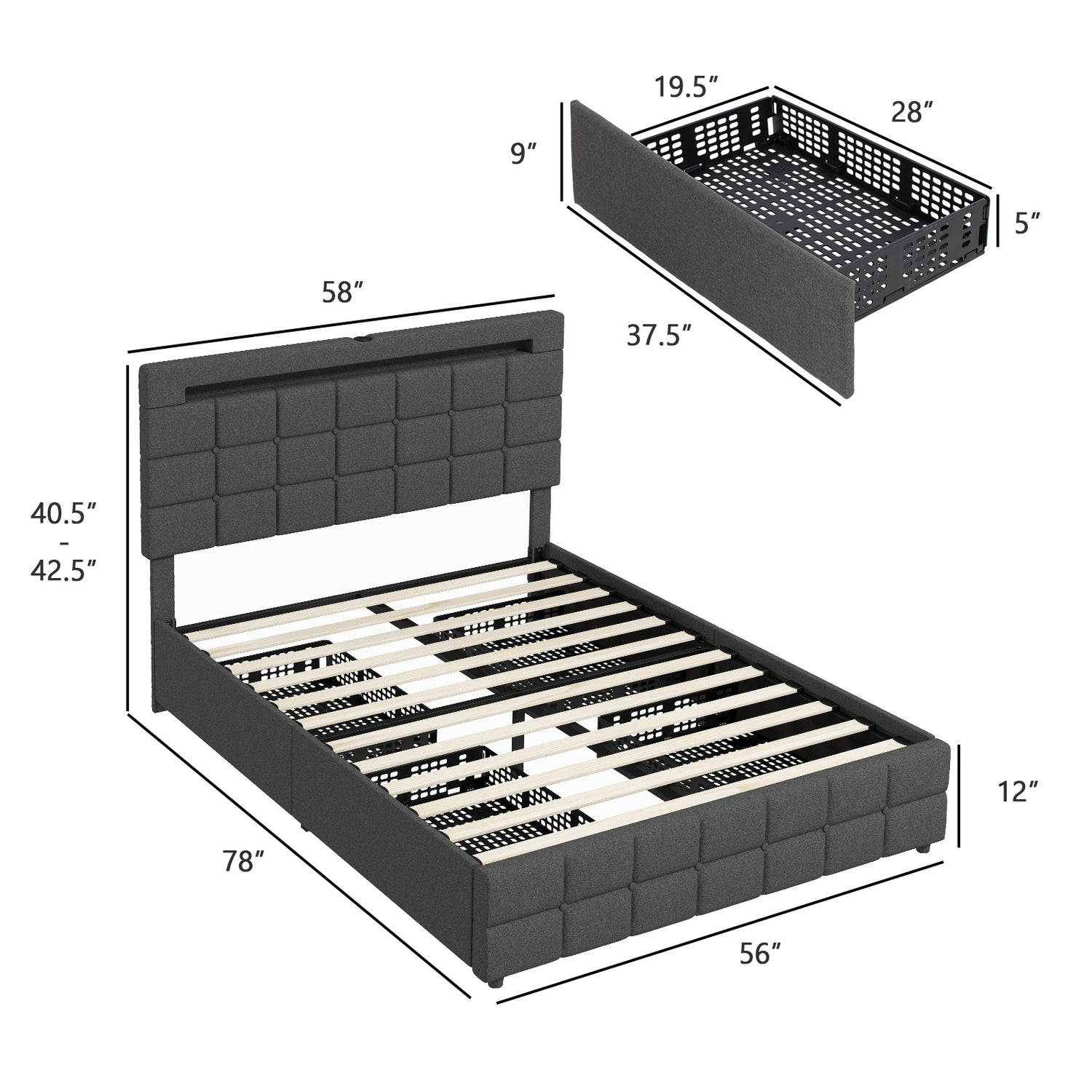 Upholstered Queen LED Bed Frame with Headboard and 4 Drawers